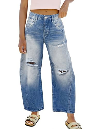 Tankaneo Womens Ripped Barrel Jeans Baggy Boyfriend Horseshoe Mid Rise Wide Leg Vintage Cropped Denim Pants Navy | Amazon (US)