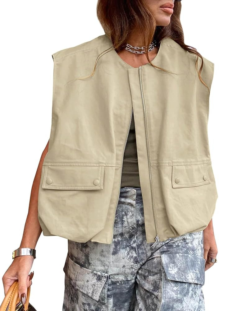 Tankaneo Womens Casual Zip Up Vest Cargo Oversized Ruched Hem Sleeveless Blazer Jackets Tops | Amazon (US)