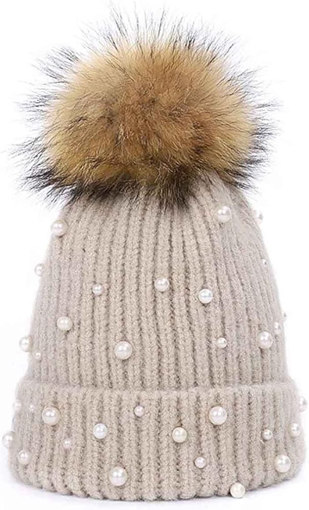 Winter Knitted Beanie Hat Faux Fur Ball Pearls Beaded Faux Pom Poms Hat Womens Warm Cap | Amazon (US)