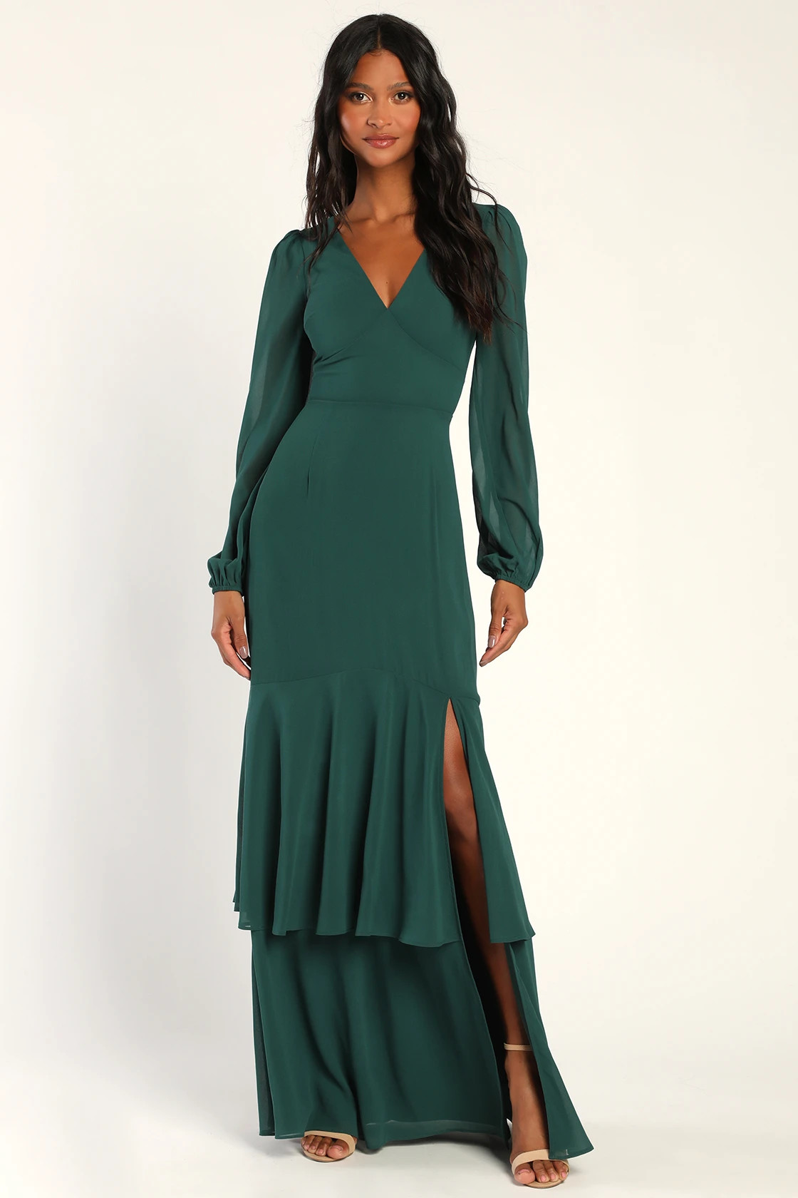 Tier Elegance Hunter Green Long Sleeve Tiered Maxi Dress | Lulus (US)