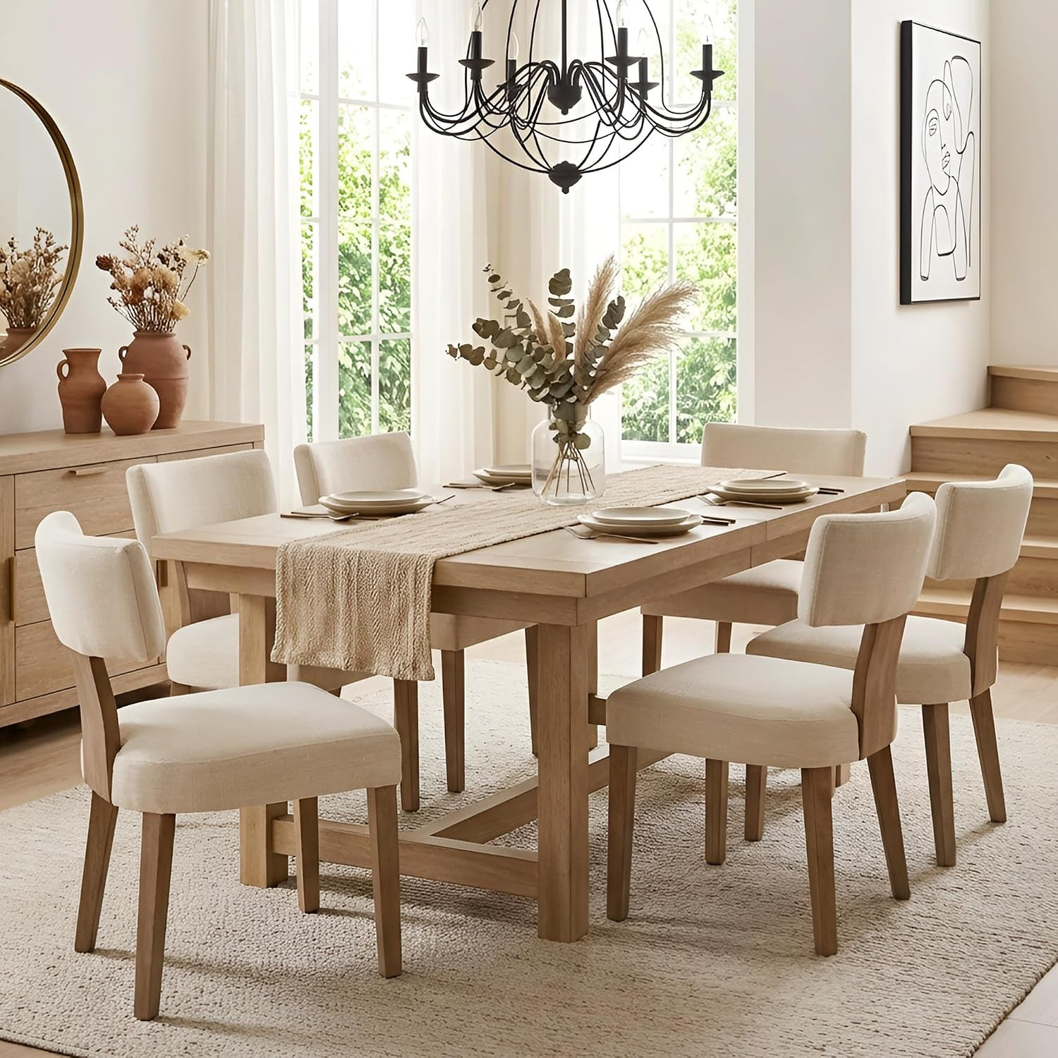 Mid Century Modern Dining Chairs Set of 6, Upholstered Linen Kitchen & Dining Room Chairs with Ergonomic Curved Backrest, Solid Wood Legs, Farmhouse Accent Chair for Home, Apartment, Beige | Amazon (US)