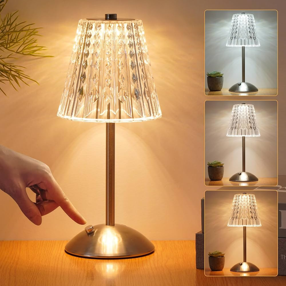 Crystal Lamp,Cordless Table Lamp,Vintage Lamp,Portable LED Metal Beside Lamps for Bedroom Restaur... | Amazon (US)