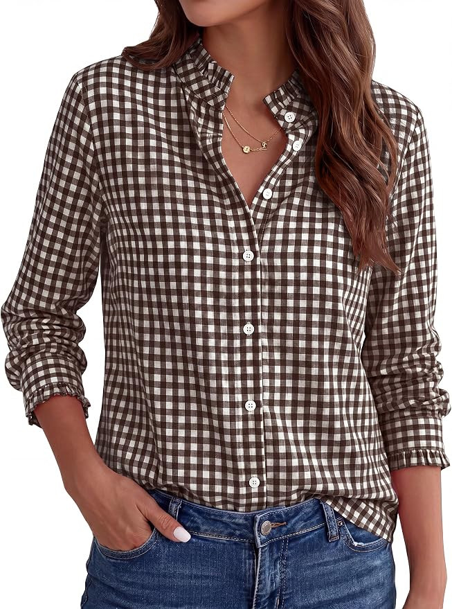 ANRABESS Womens Long Sleeve Button Down Shirts Gingham Striped Blouses | Amazon (US)
