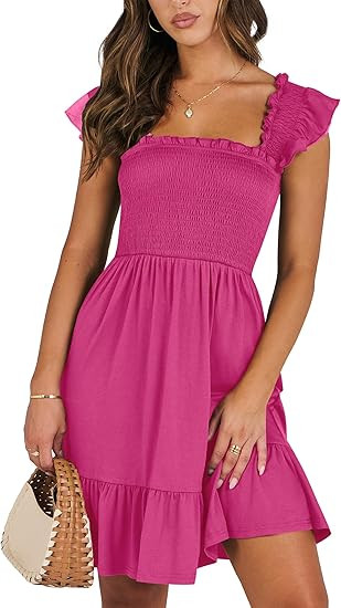 ANRABESS Women's Summer Casual Sleeveless Square Neck Dress 2026 Smocked Ruffle Backless Boho Bea... | Amazon (US)
