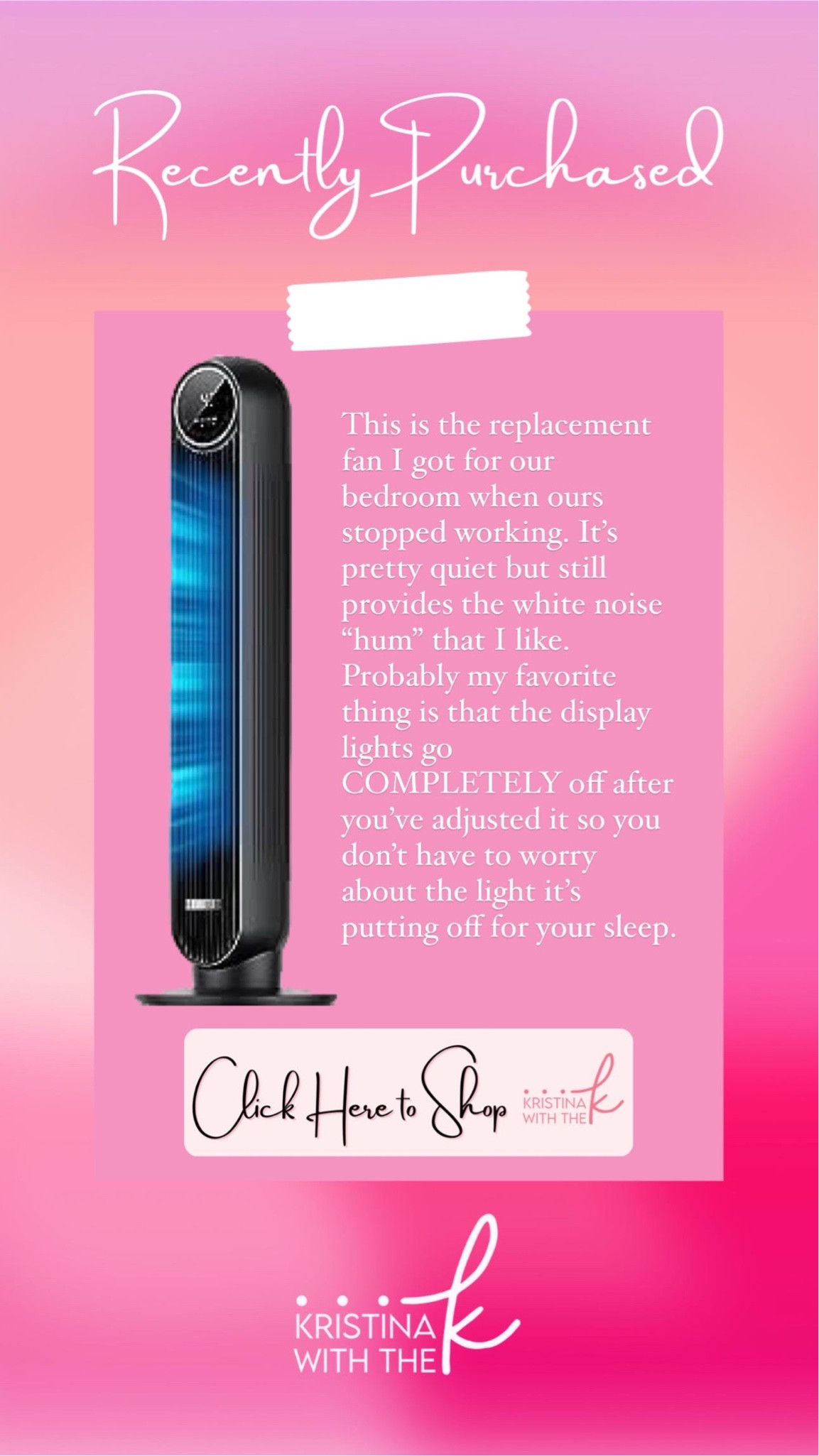 Tower fan - best feature is that all the lights go off 

#LTKfitness #LTKSale #LTKhome