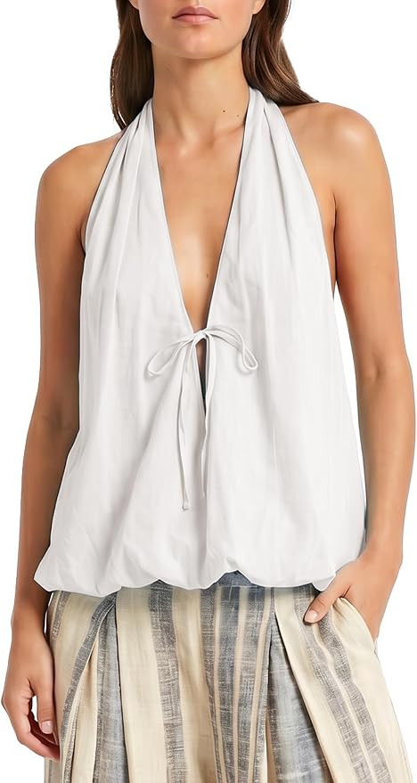 Womens Halter Tank Top Deep V Neck Open Back Sleeveless Cami Summer Beach Backless Going Out Tops | Amazon (US)