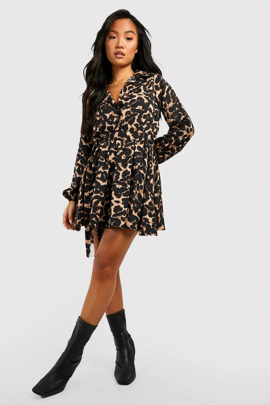 Petite Leopard Print Skater Shirt Dress | boohoo (US & Canada)