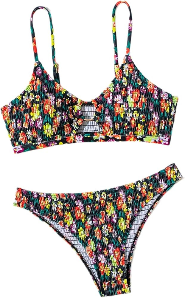 SHENHE Women's Cut Out O Ring Floral Bikini Sets Smocked Tropical 2 Piece Swimsuits | Amazon (US)