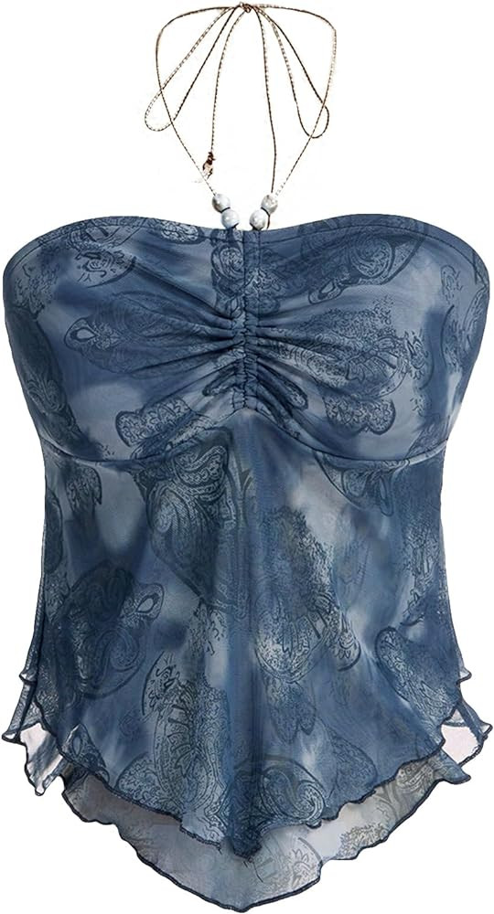 Floerns Women's Beaded Halter Ruched Lettuce Trim Ruched Cami Crop Tube Top | Amazon (US)