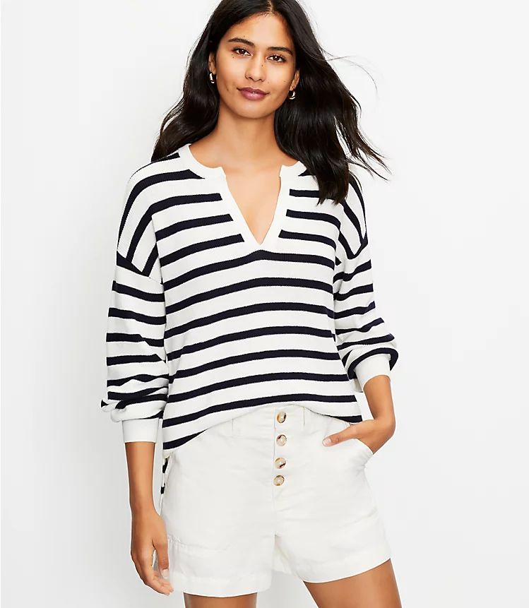 Petite Stripe Textured Split Neck Sweater | LOFT