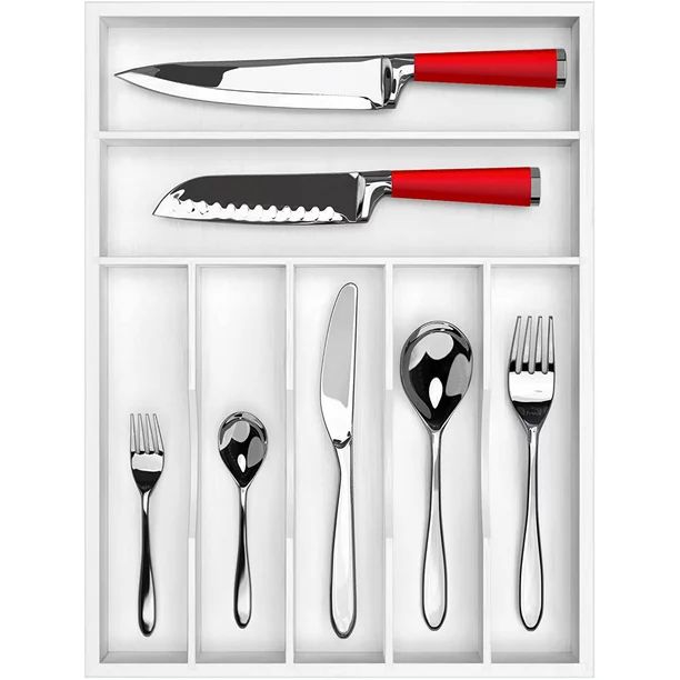 Bamboo Kitchen Drawer Organizer - Silverware Organizer/Utensil Holder and Cutlery Tray (White) | Walmart (US)