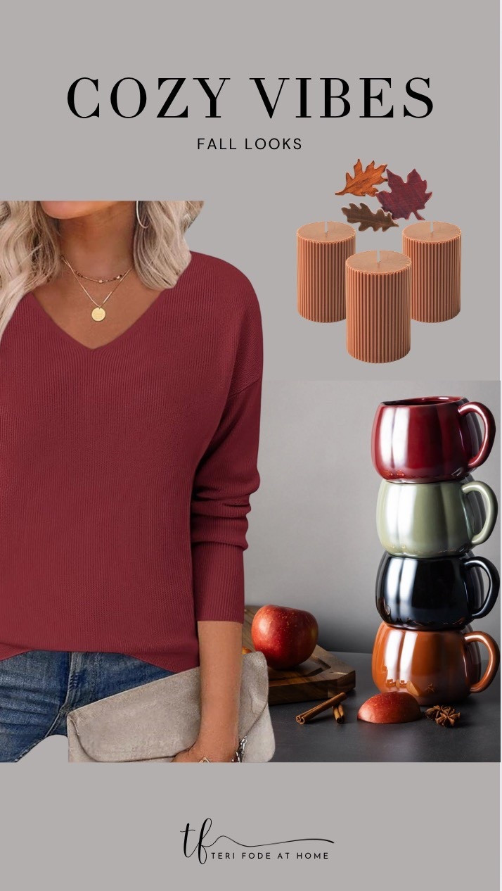 Cozy season is here! Burgundy sweater, ribbed sweater, sweater weather, brown ribbed pillar candles, fall candles, fall sweater, fall coffee mugs, fall colored mugs for coffee bar, coffee corner fall mugs, designer inspired mugs 

#LTKHome #LTKSeasonal #LTKSaleAlert