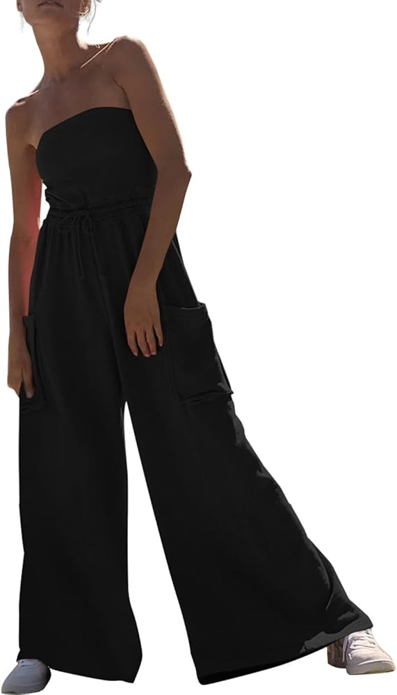 Feager Women's Oversized Strapless Off Shoulder Tube Top Jumpsuits Casual Wide Leg Long Pants Jum... | Amazon (US)