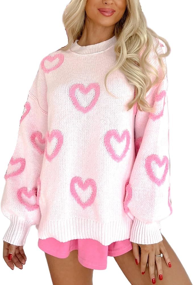 Women's Cute Heart Sweater Love Print Valentines Day Knitted Top Casual Crewneck Long Sleeve Swea... | Amazon (US)