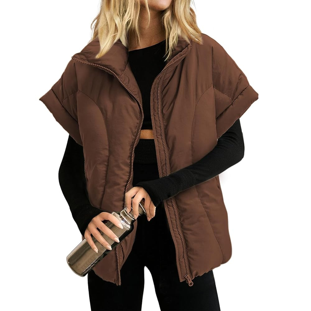 Womens Cropped Puffer Vest Oversized Padded Jackets Stand Collar Cap Sleeve Zip Up Vest Coat Wint... | Amazon (US)