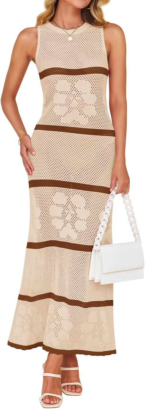 ZESICA Womens Crochet Hollow Out Dress 2025 Summer Sleeveless Striped Coverup Sundress Beach Long... | Amazon (US)