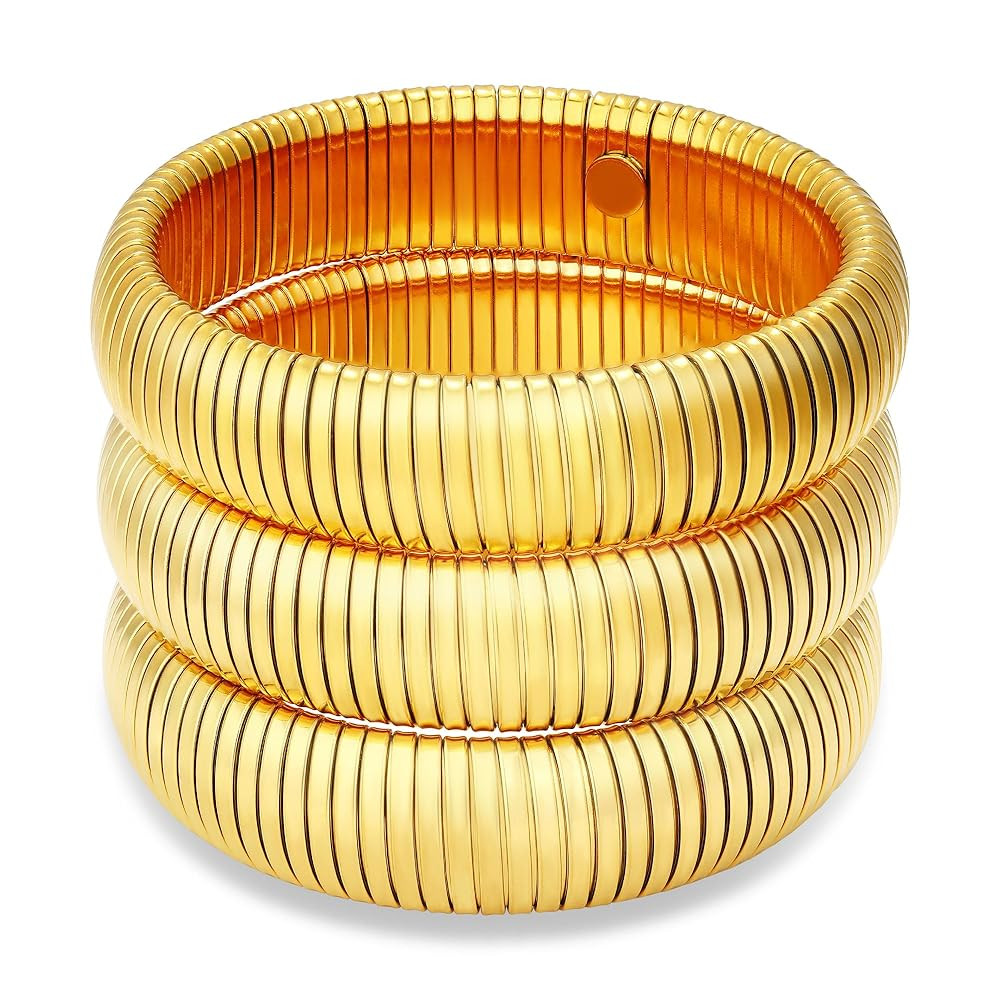 Chunky Gold Beaded Bangle Bracelet Set Stack for Women Men Stretchy Snake Link Chain Flexible Wid... | Amazon (US)