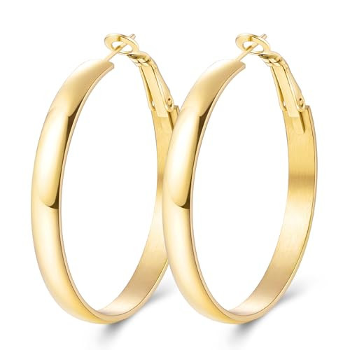 Jewlpire Gold Hoop Earrings for Women, Lightweight 14K Gold Hoops Earring, 5mm Width Medium Hoops Earrings for Women Trendy 50 mm | Amazon (US)