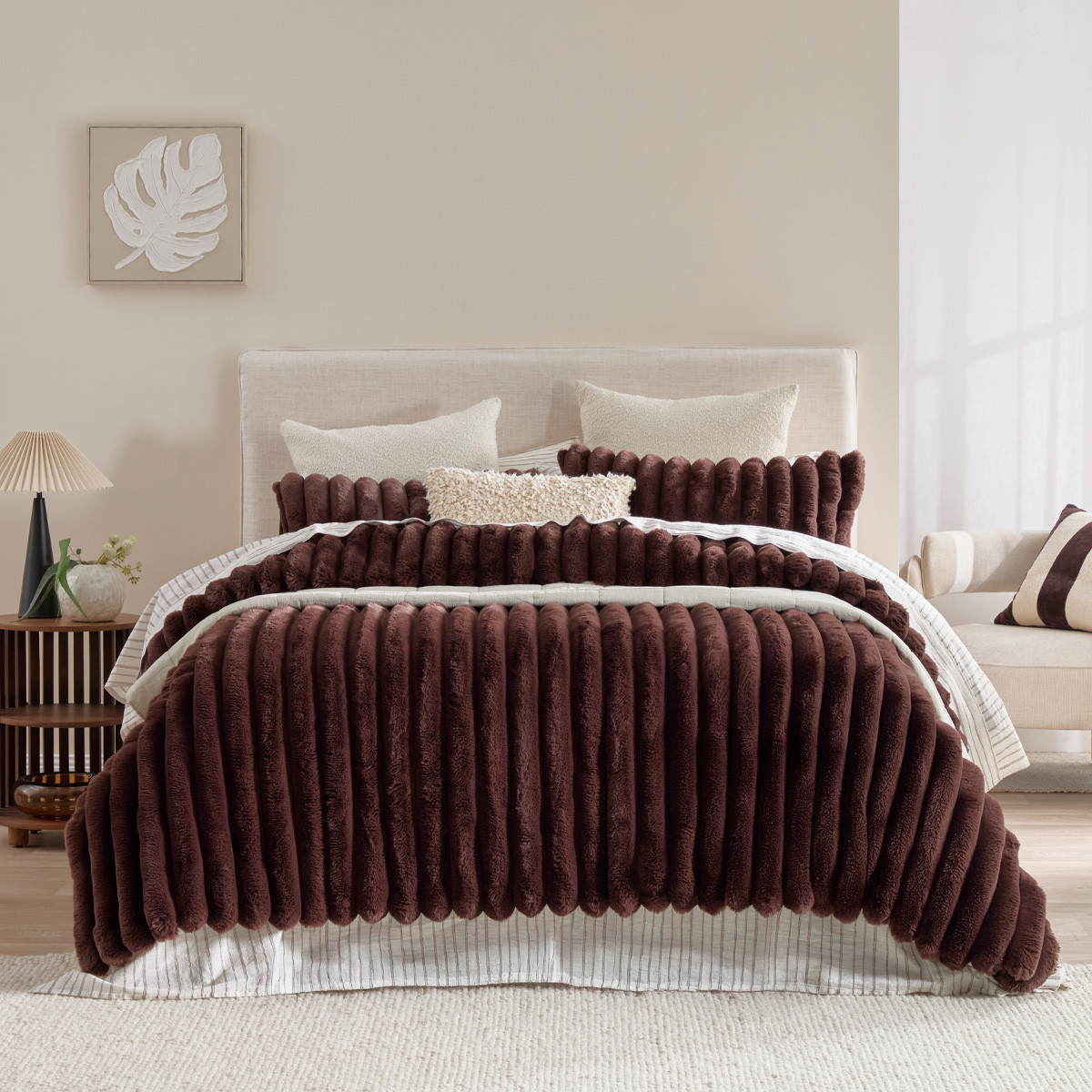 Oslo Chocolate Brown Faux Fur Ribbed Comforter Set | Pillow Talk AU