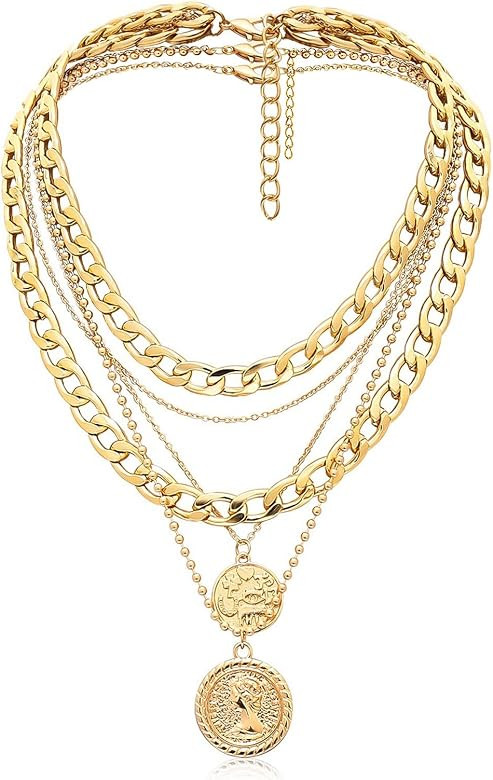 Gold Layered Necklaces for Women Chunky Choker Link Chain 14K Golden Plated Pendant Necklace Hand... | Amazon (US)