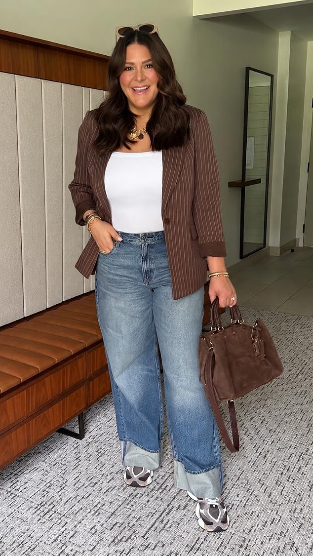 Blazer & Tank: Large • Jeans: 32 Long • This is exactly how I want to dress all fall — a little polished, a little oversized, and still comfortable enough for real life. The chocolate brown pinstripe blazer + white tank + wide leg cuffed jeans + sneakers is giving effortless cool girl without trying too hard.

#LTKootd #LTKgrwm #LTKMidsize