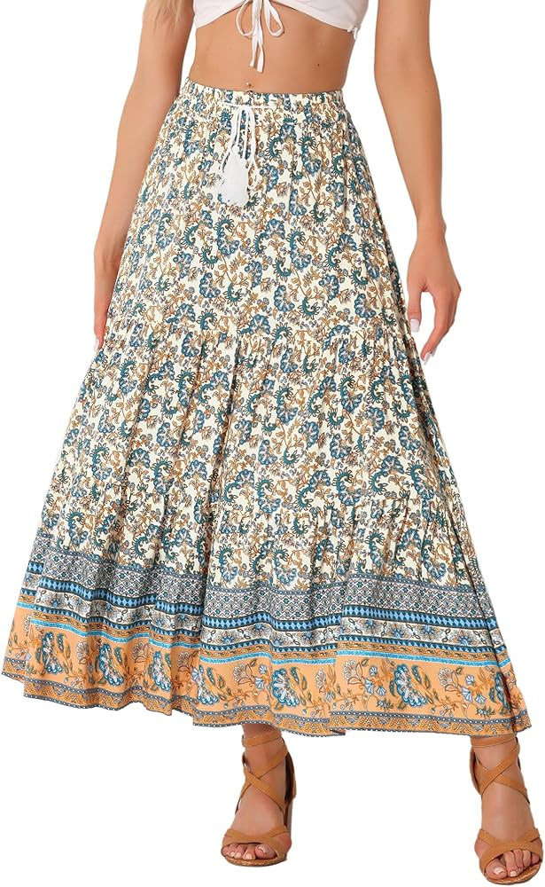 Allegra K Boho Skirt for Women's Casual Peasant Floral Bohemian Tassels Elastic Waist Maxi Skirts | Amazon (US)