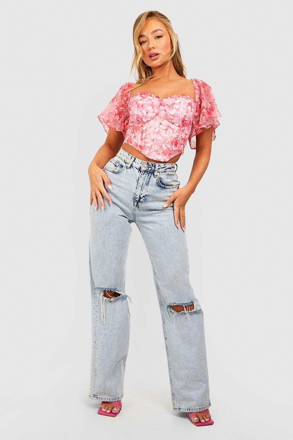 Pink Angel Sleeve Floral Corset Top | Boohoo.com (UK & IE)