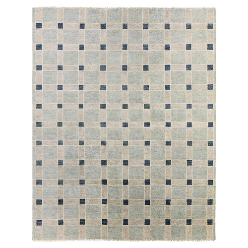 Malien Updated Traditional Blue Wool Grid Patterned Rug - 6'x9' | Kathy Kuo Home