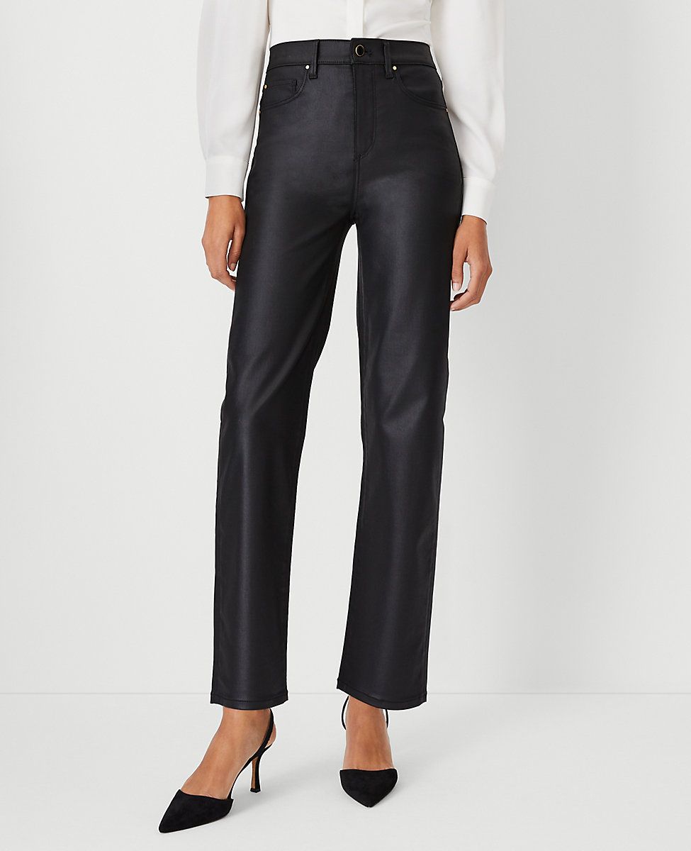 Petite Coated High Rise Straight Jeans in Black | Ann Taylor (US)