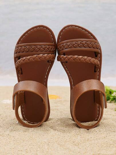 1 Pair Girls' Woven Roman Sandals, Round Toe, Thick Elastic Band Design, Flat & Comfortable, Suit... | SHEIN