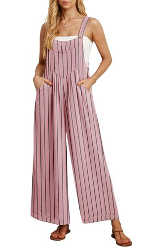 IWOLLENCE Women's Summer Jumpsuits Boho Wide Leg Overalls Casual Loose Rompers with Pockets 2024 Gray Pink Stripe Large | Amazon (US)