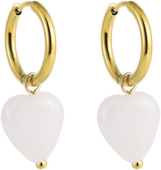 Stone Earrings For Women - Crystal White Heart Drop Earrings Natural Stone Pendant Circle Earring... | Amazon (US)