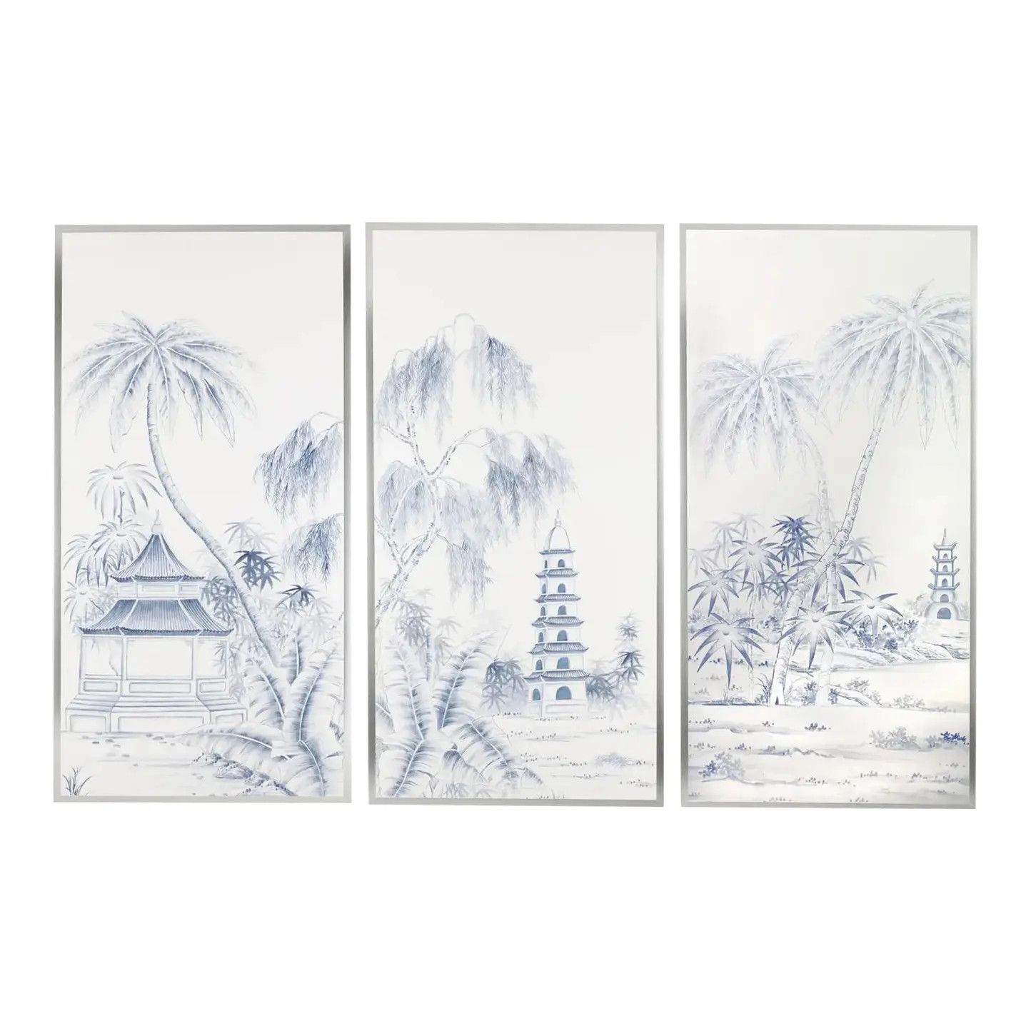 Chinoiserie Hand-Painted Silk Wallpaper Triptych, Pagoda Garden | Chairish