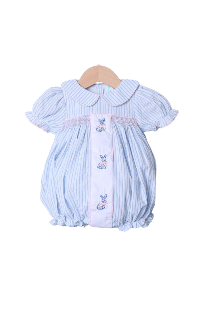 Embroidered Bunny Blue Pinstripe Bubble | The Smocked Flamingo
