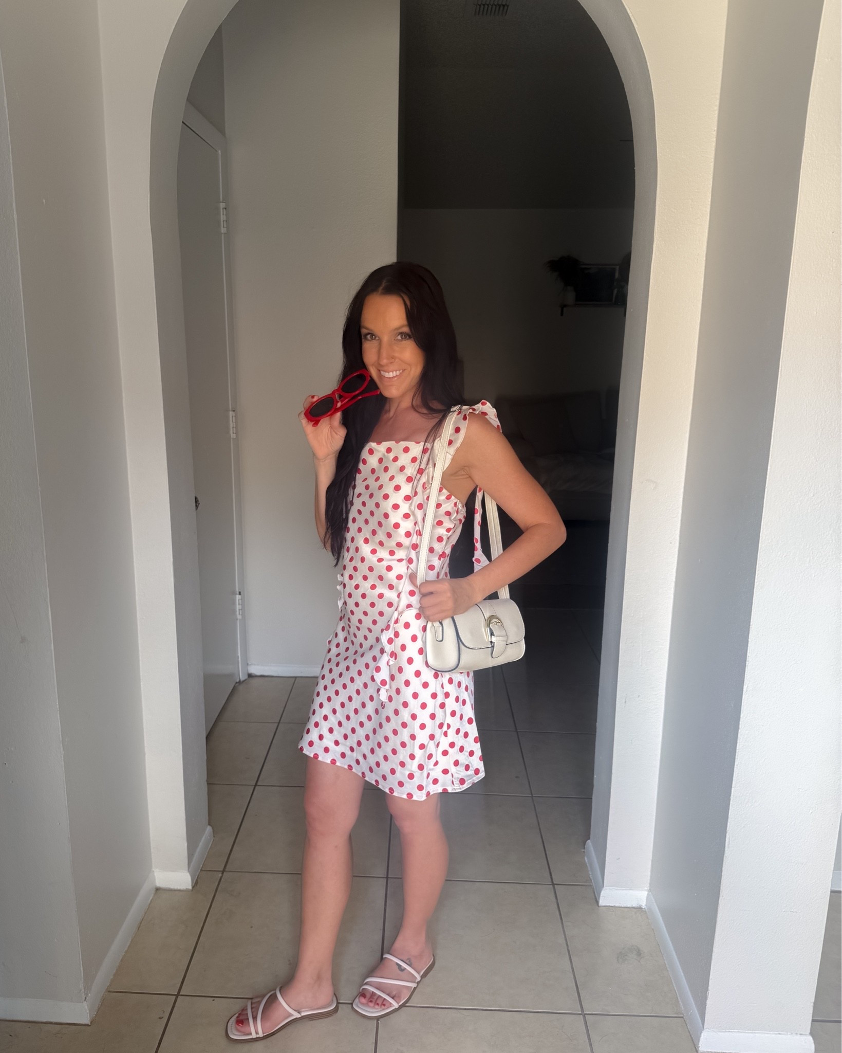 Red and white polka dot dress 
White sandals 
Red sunglasses
White purse

#LTKPetite #LTKgrwm #LTKootd