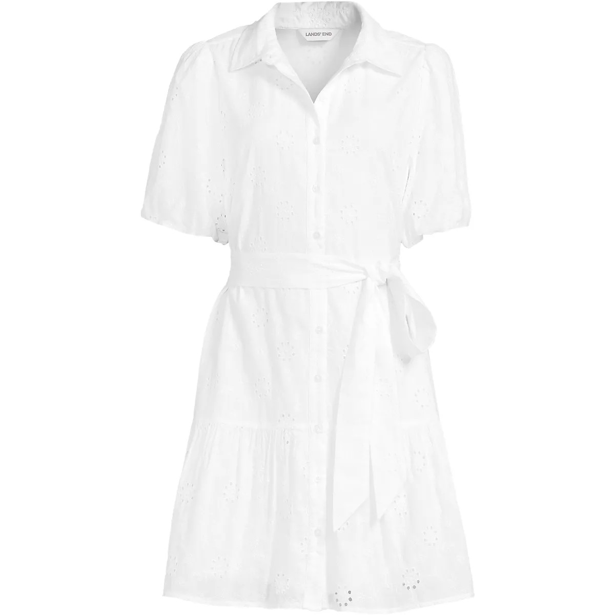 Women's Elbow Sleeve Eyelet Knee Length Shirt Dress | Lands' End (US)