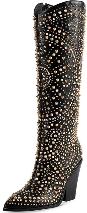 iiimmu Womens Boots Pointed Toe and Chunky Heel Boots for Women Luxurious Studded Boots Tall Boot... | Amazon (US)