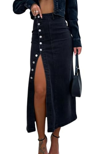 yoeasy Womens Casual Slit Denim Midi Jean Skirt High Waisted Button Up Stretch Trendy A-Line Jean Skirts (X-Large, Black) | Amazon (US)