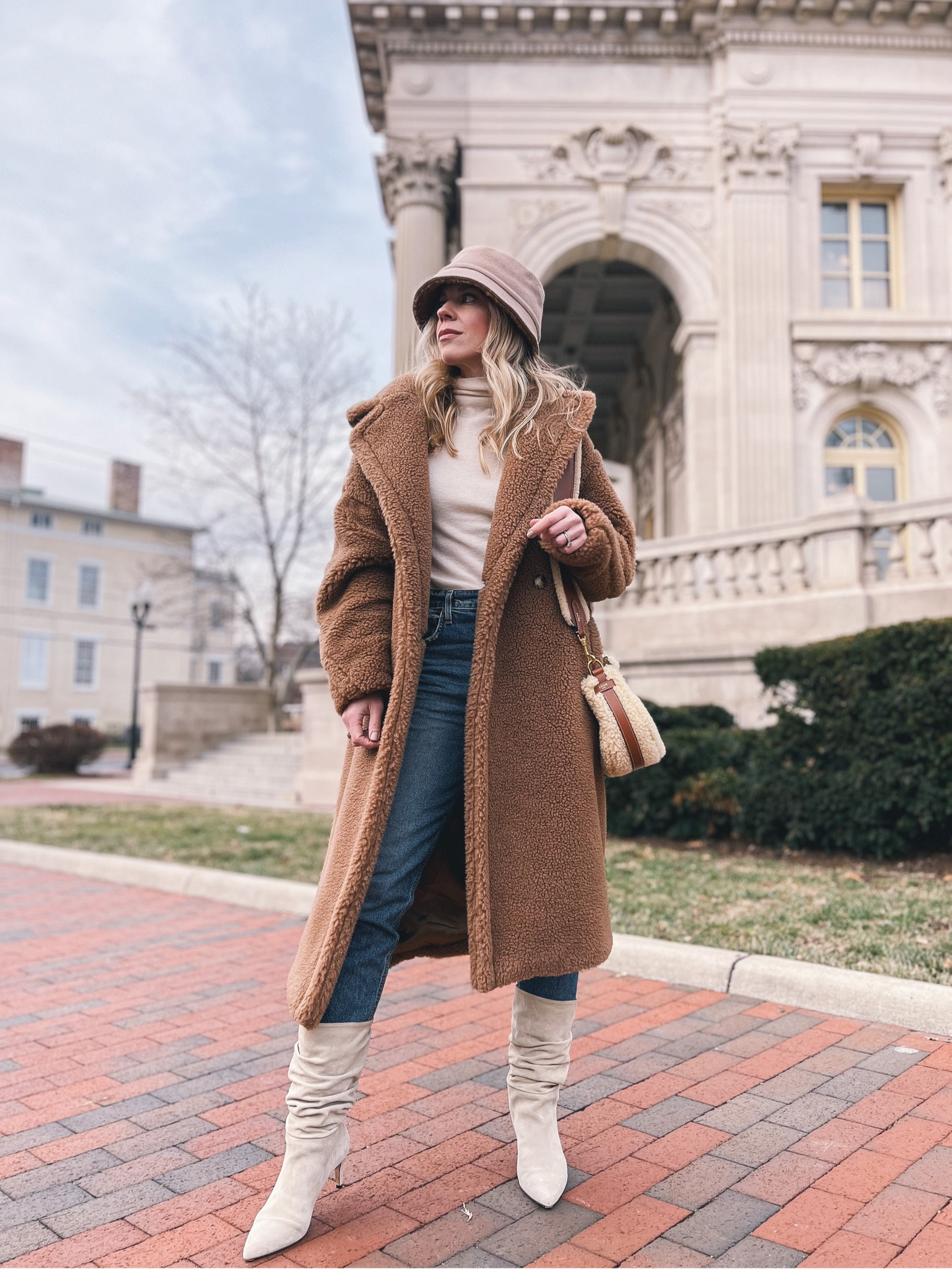 Max Mara Teddy coat, bucket hat, shearling handbag, white slouch suede boots, winter outfit 

#LTKSeasonal #LTKshoecrush #LTKstyletip