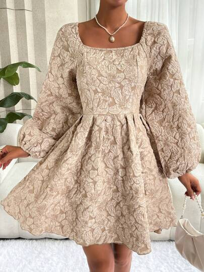 Chiquease Jacquard Lantern Sleeve Fold Pleated Detail Dress | SHEIN EUQS | SHEIN