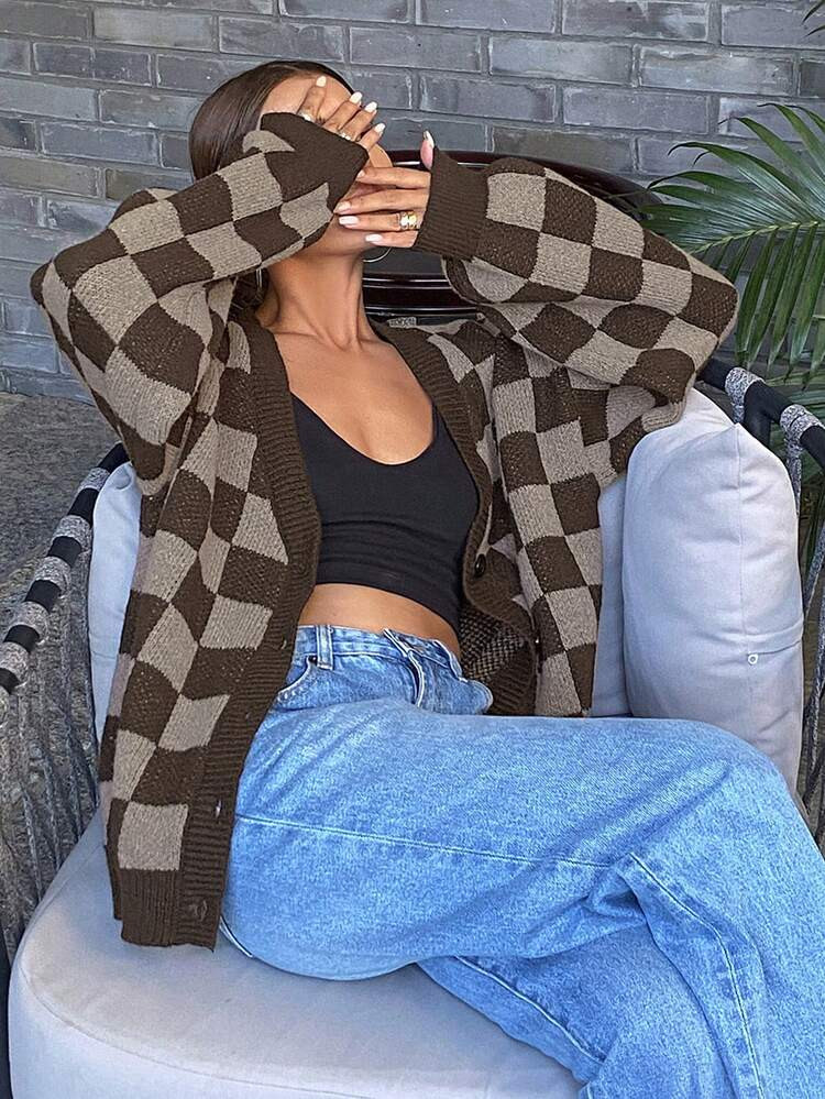 Livesso Checkerboard Pattern Knit Cardigan Sweater For Women,Long Sleeve Tops,Fall Clothes Plaid | SHEIN
