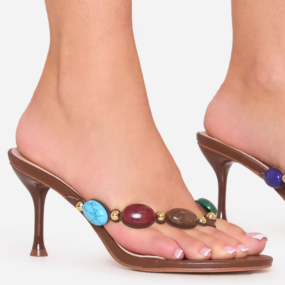 Nina Stone Detail Thong Strap Heel Mule In Brown Faux Leather | EGO (UK)