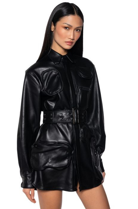 CASPIAN FAUX LEATHER BELTED UTILITY MINI DRESS | AKIRA
