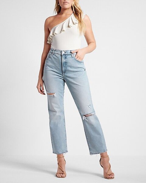 High Waisted Light Wash Ripped Straight Ankle Jeans | Express