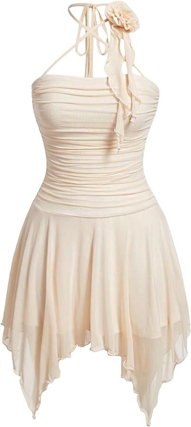 Milumia Women's 3D Floral Tie Back Halter Mini Dress Ruched Asymmetrical Hem Mesh Cami Mini Dress | Amazon (US)