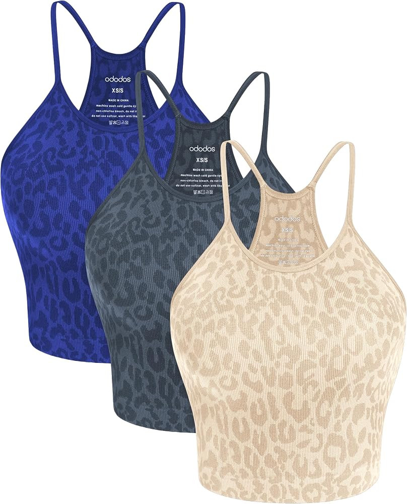 ODODOS Women's Crop 3-Pack Seamless Rib-Knit Camisole Crop Tank Tops | Amazon (US)
