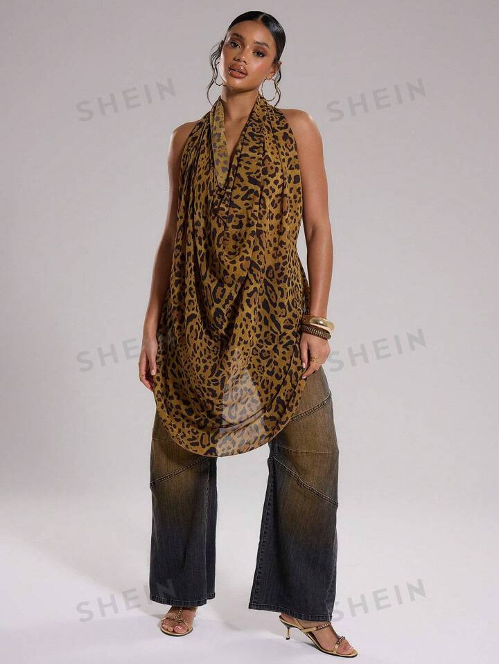 MUSERA Women Summer Leopard Print V-Neck Halter Top With Pendant | SHEIN