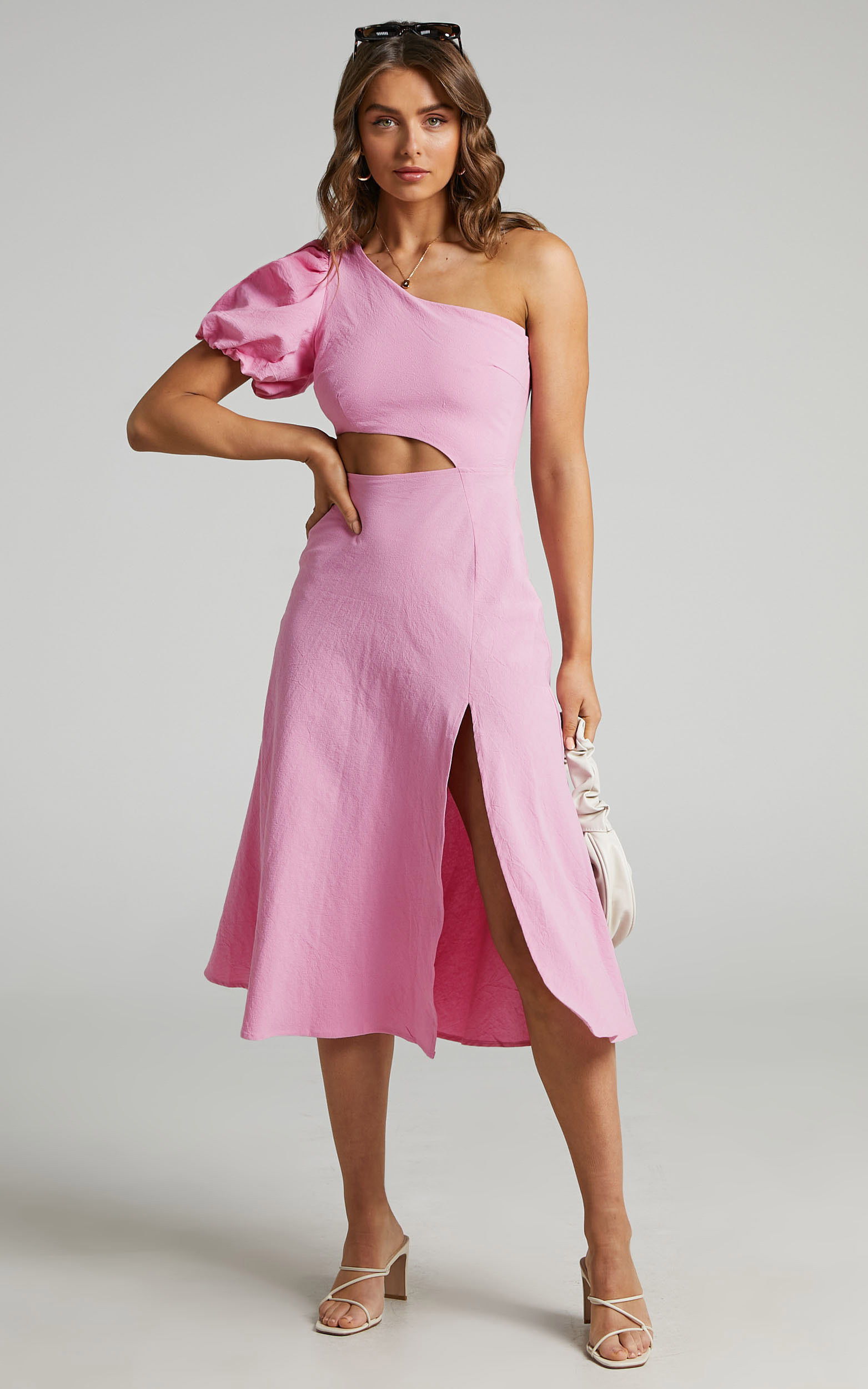 Marcia One Shoulder Midi Dress with Side Cut Out in Pink Linen Look | Showpo (US, UK & Europe)