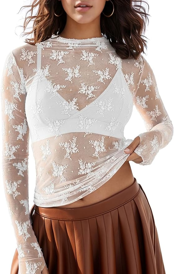 Wyeysyt Lace Tops for Women Mesh Long Sleeve Top Mock Neck Sheer Blouse Sexy See Through Shirts | Amazon (US)