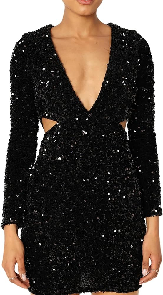 R.Vivimos Womens Glitter Sequin Party Dresses Fall Winter Long Sleeve Sexy Deep V Neck Cut Out Sp... | Amazon (US)